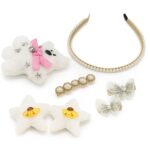 Snow Belle Dreams – 7-Piece Hair Accessory Set with Plush Clips, Butterfly Clips, Pearl Headband & Barrette