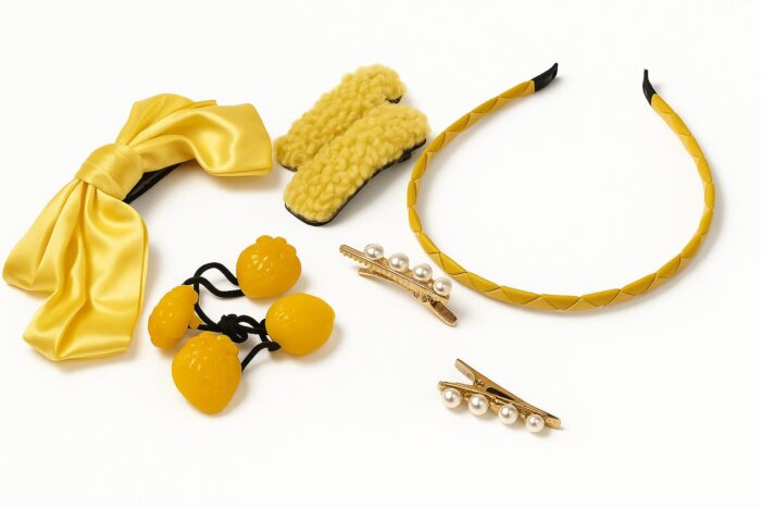 Lemon Zest Radiance – 7-Piece Hair Accessory Set with Satin Bow Clip, Fuzzy Hairpins, Fruit Elastics, Pearl Alligator Clips & Braided Headband - Image 1