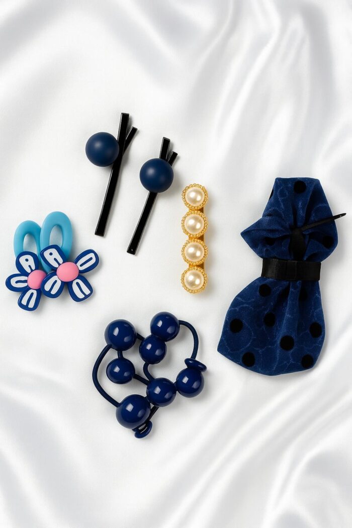 Midnight Bloom – 6-Piece Hair Pin Set with Pearl Clip, Satin Bow, Ball Ponytails, Bunny Clips & Decorative Pins - Image 1