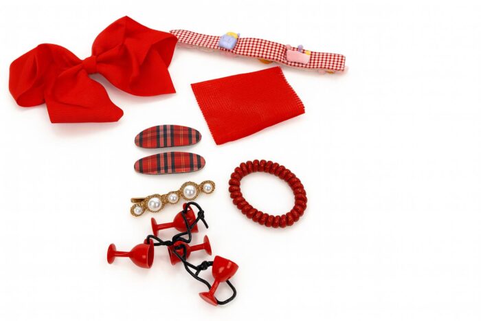 Cherry Charm Set – 7-Piece Hair Pins Set with Bow Clip, Plaid Snap Clips, Hair Ties, Elastic Bands, Pearl Barrette and Decorative Pin - Image 1