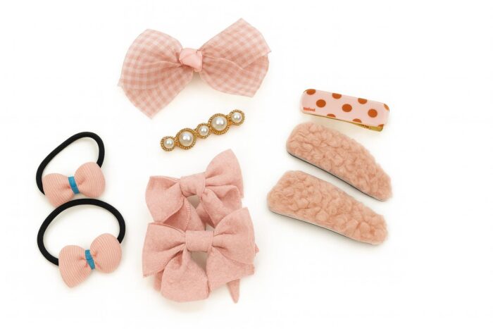 Blush Belle Set – 9-Piece Hair Pins Set with Bows, Pearl Barrette, Elastic Hair Ties, Plush Clips, and Snap Barrettes - Image 1