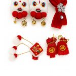 Lucky Lunar Set – 7-Piece Hair Pins Set with Furry Lion Clips, Red Bow Hair Clip, Dangle Pom-Pom Pins, and Festive Charm Accessories