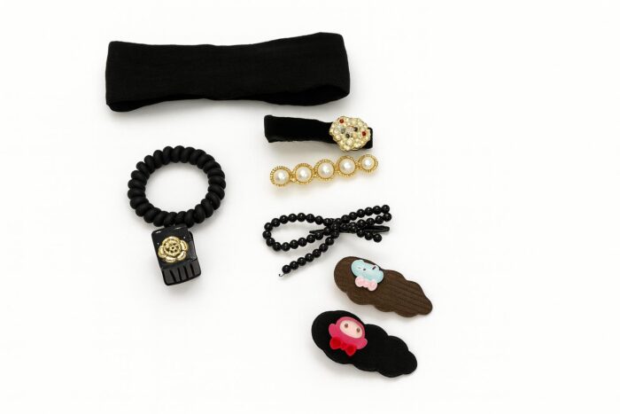 Noir Luxe – 7-Piece Hair Pin Set with Elastic Hair Tie, Pearl Clip, Embellished Snap Clips, Bow Pin, Claw Clip, and Headband - Image 1