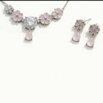 Silver Cubic Zirconia Pink Flower Statement Necklace And Studs Earrings